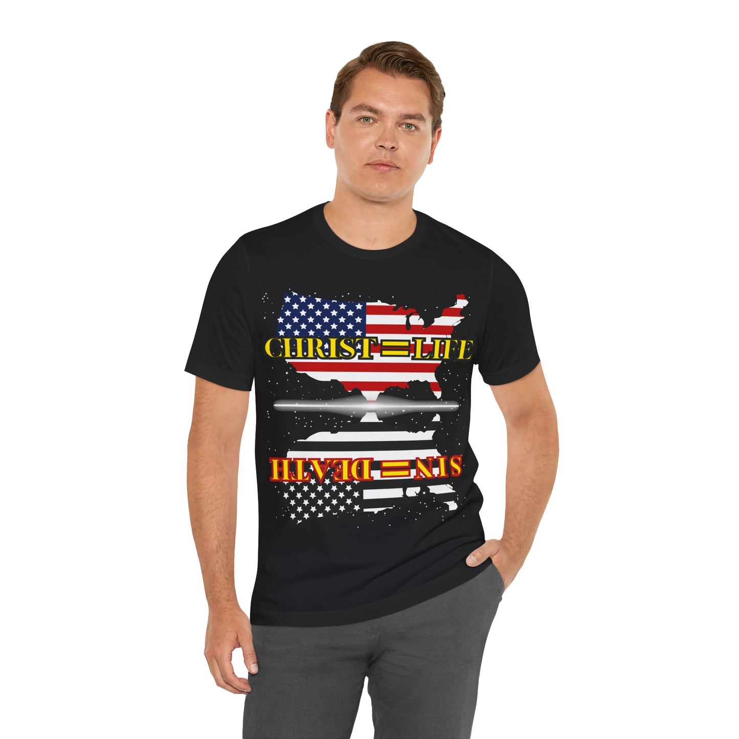 The Holy Fight “Christ=Life, Sin=Death” American Flag Christian T-Shirt