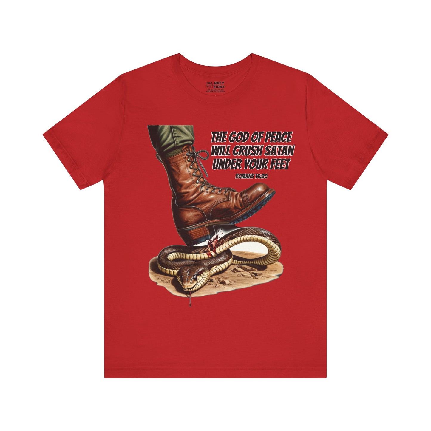 The Holy Fight "God Will Crush Satan" Christian Military Boot Tee – Powerful Faith Apparel