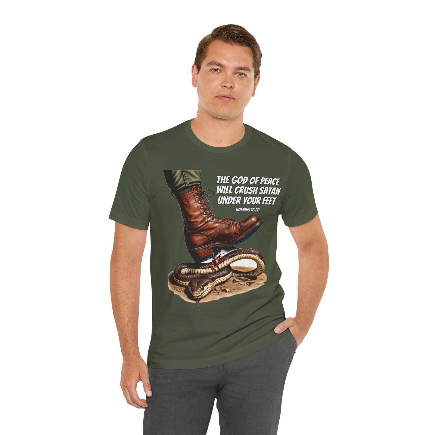 The Holy Fight "God Will Crush Satan" Christian Military Boot Tee – Powerful Faith Apparel