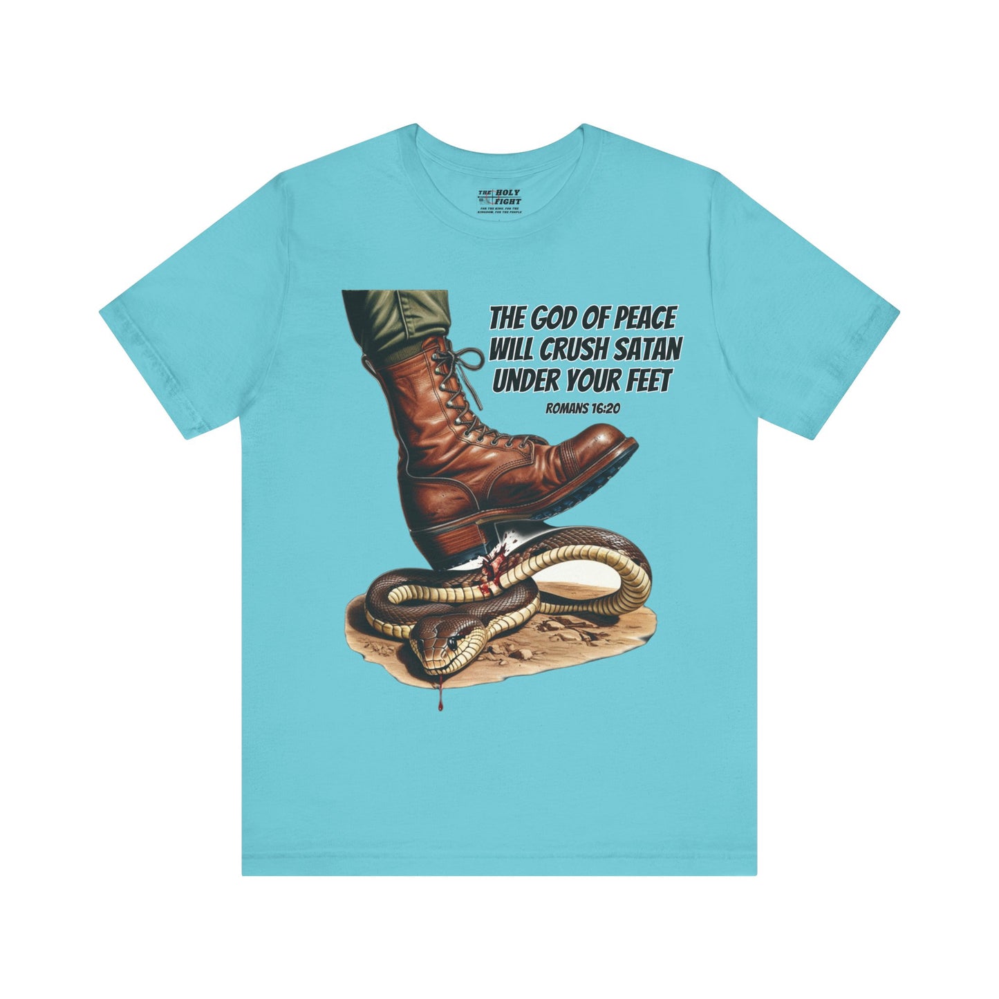 The Holy Fight "God Will Crush Satan" Christian Military Boot Tee – Powerful Faith Apparel