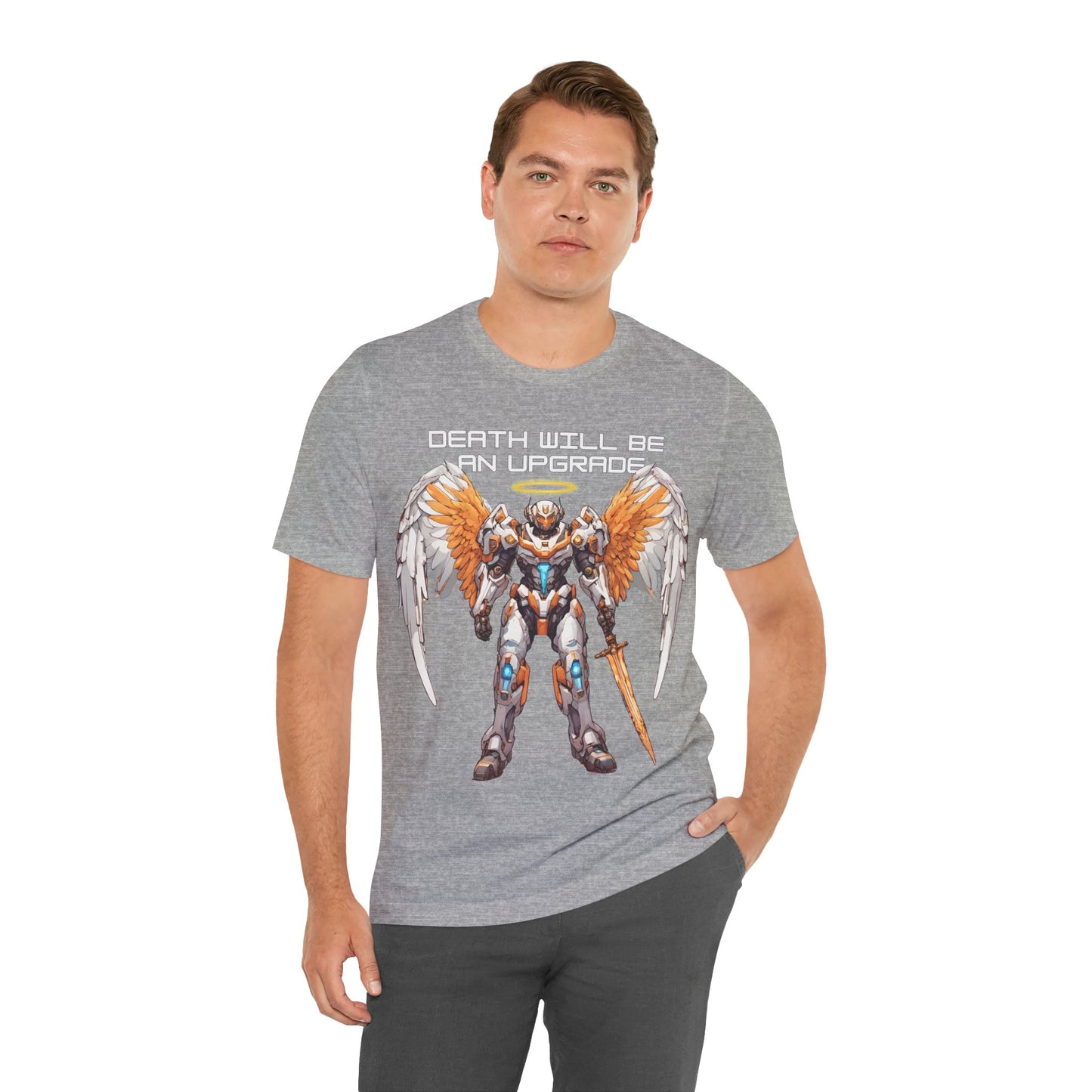 The Holy Fight "Death Will Be an Upgrade" Christian T-Shirt – Angel with Sword in Space Suit Design