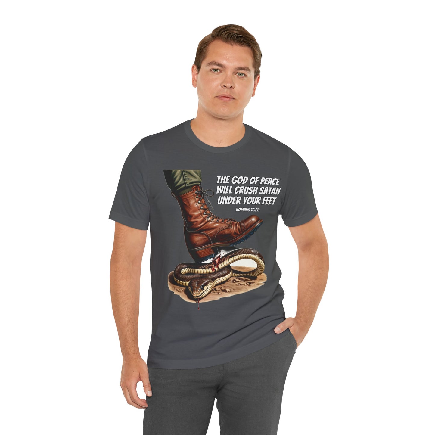 The Holy Fight "God Will Crush Satan" Christian Military Boot Tee – Powerful Faith Apparel