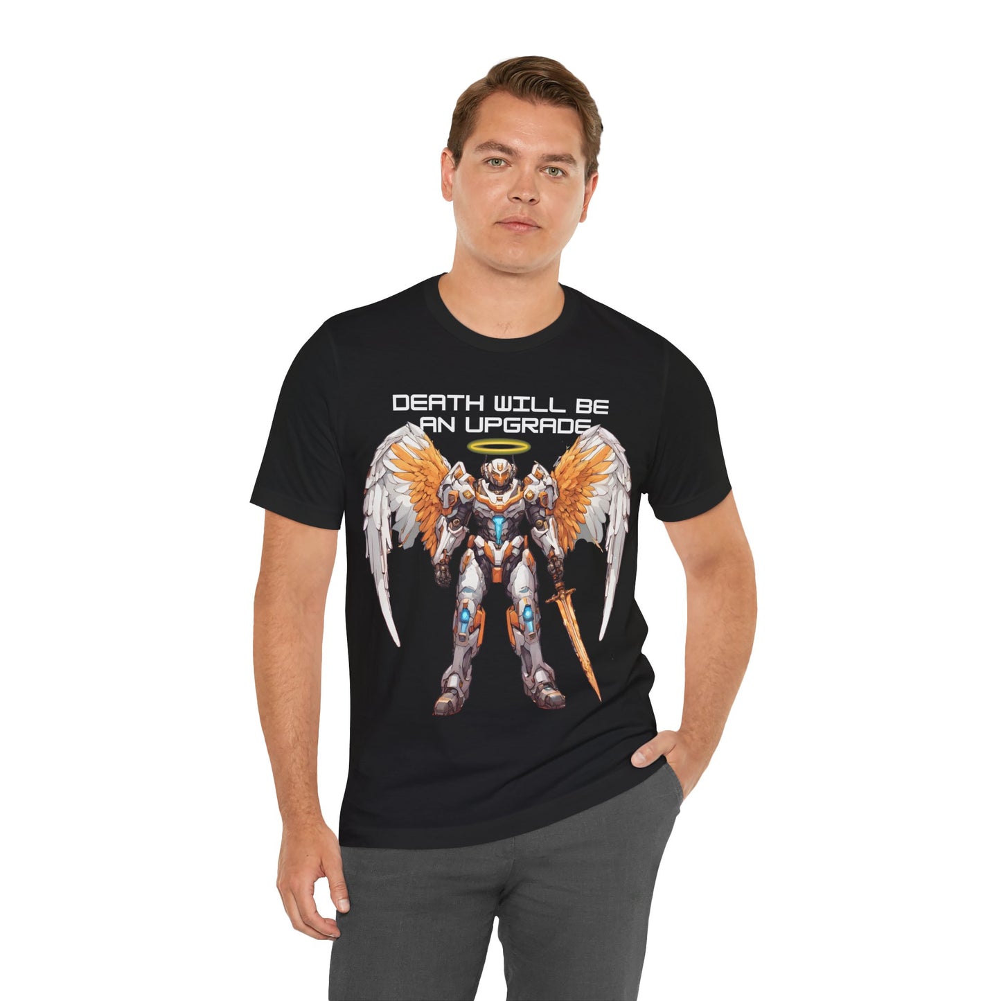 The Holy Fight "Death Will Be an Upgrade" Christian T-Shirt – Angel with Sword in Space Suit Design