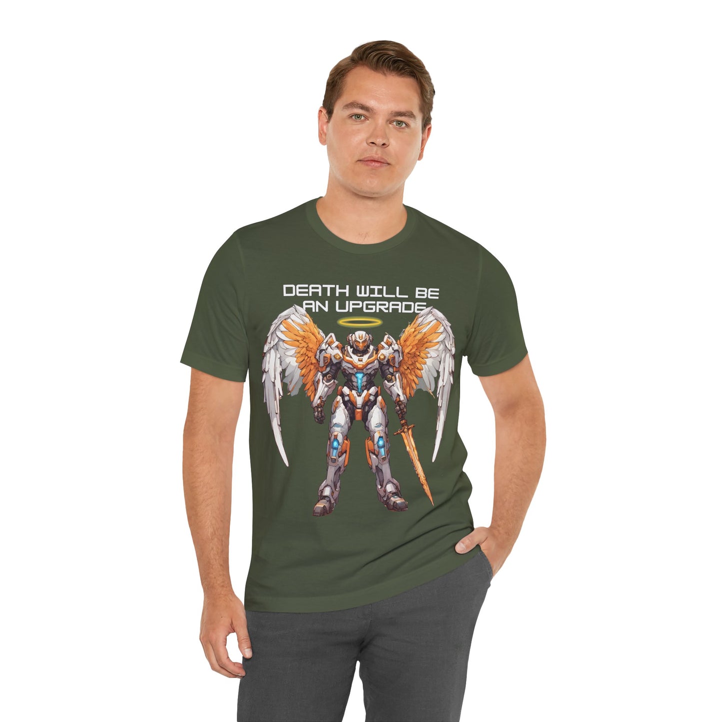 The Holy Fight "Death Will Be an Upgrade" Christian T-Shirt – Angel with Sword in Space Suit Design