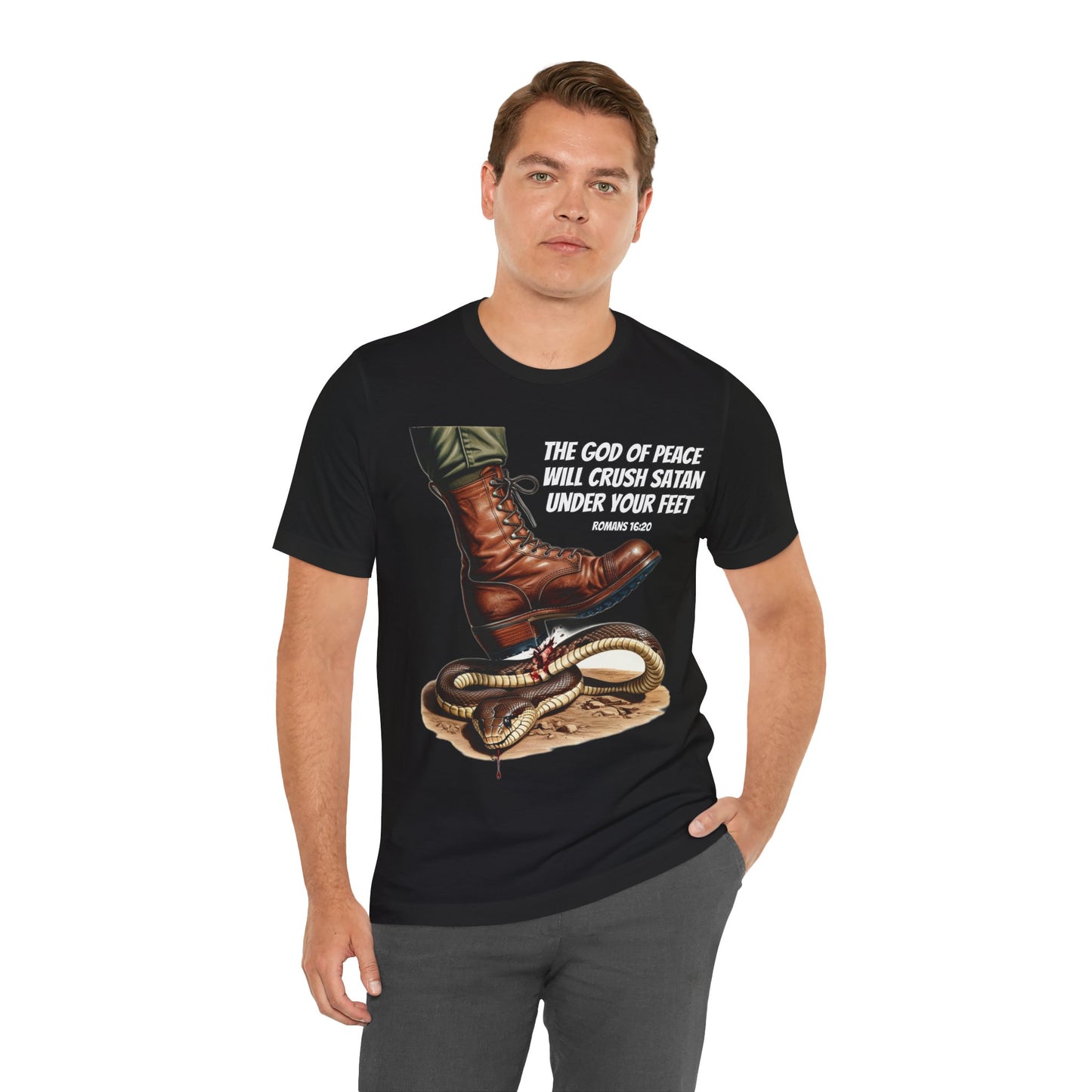 The Holy Fight "God Will Crush Satan" Christian Military Boot Tee – Powerful Faith Apparel