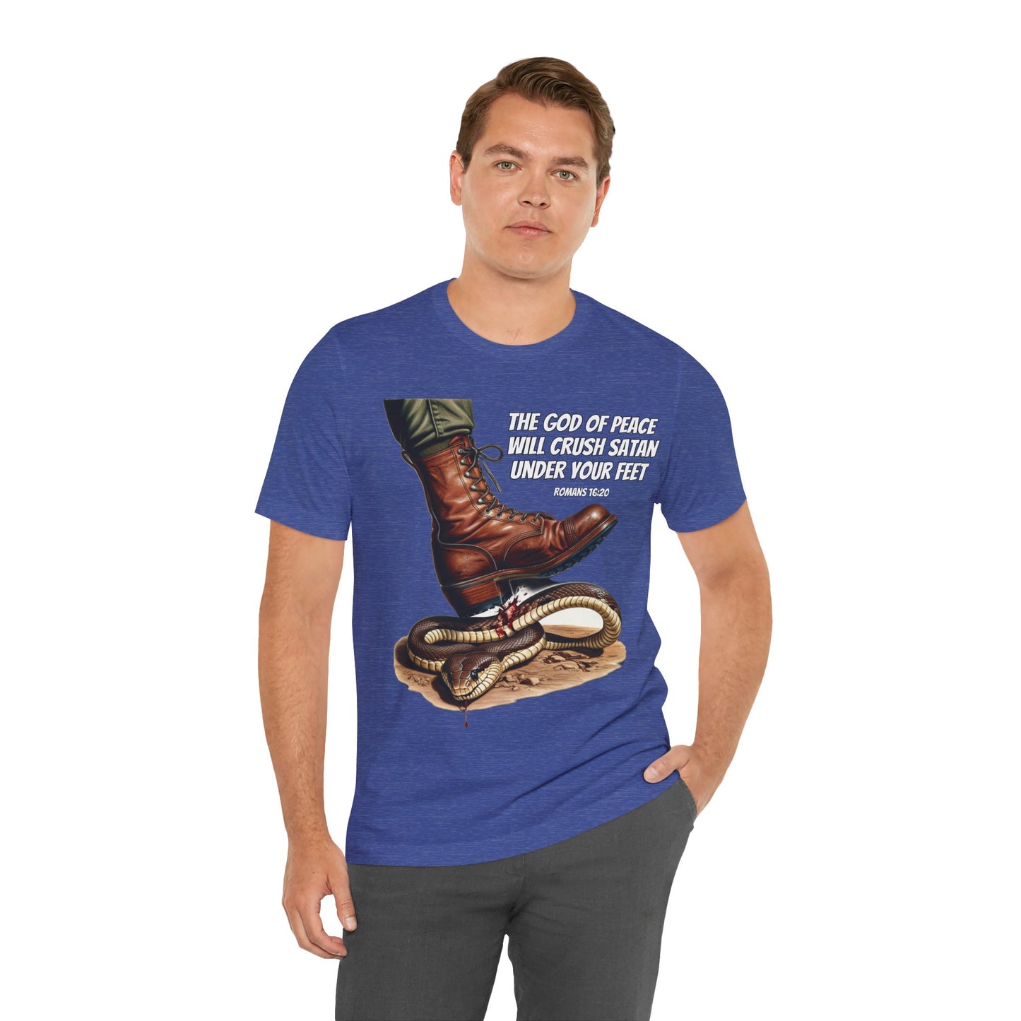 The Holy Fight "God Will Crush Satan" Christian Military Boot Tee – Powerful Faith Apparel