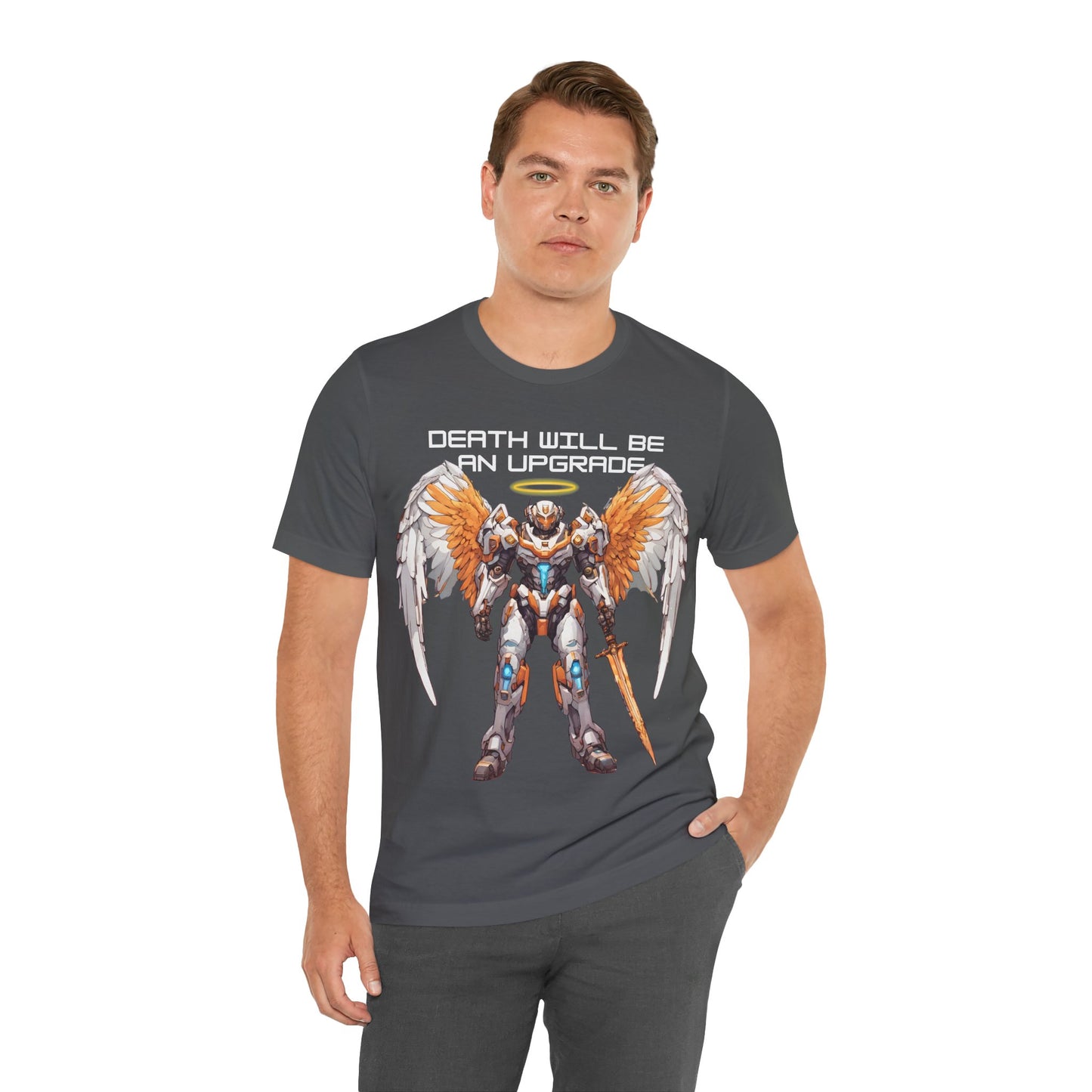 The Holy Fight "Death Will Be an Upgrade" Christian T-Shirt – Angel with Sword in Space Suit Design