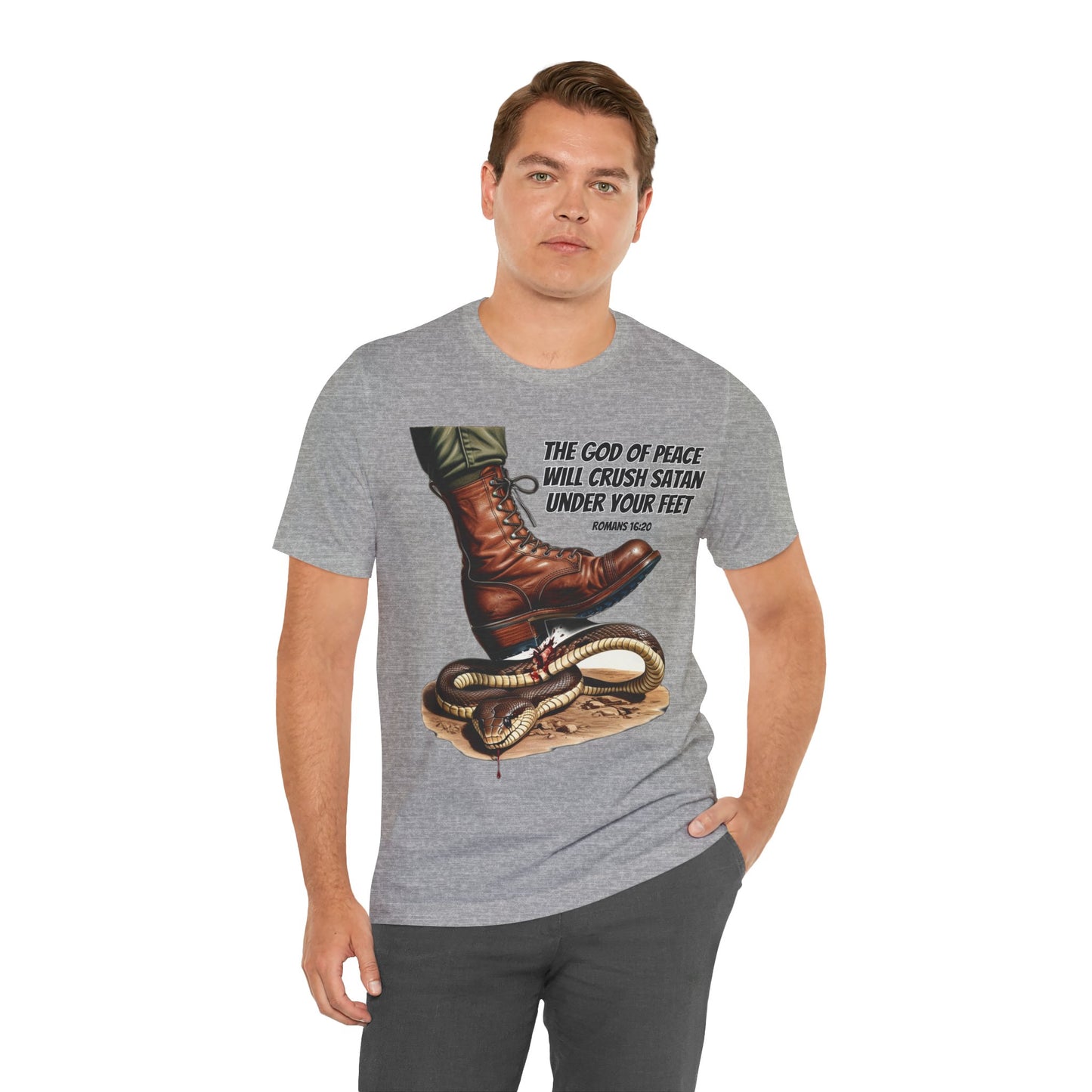 The Holy Fight "God Will Crush Satan" Christian Military Boot Tee – Powerful Faith Apparel