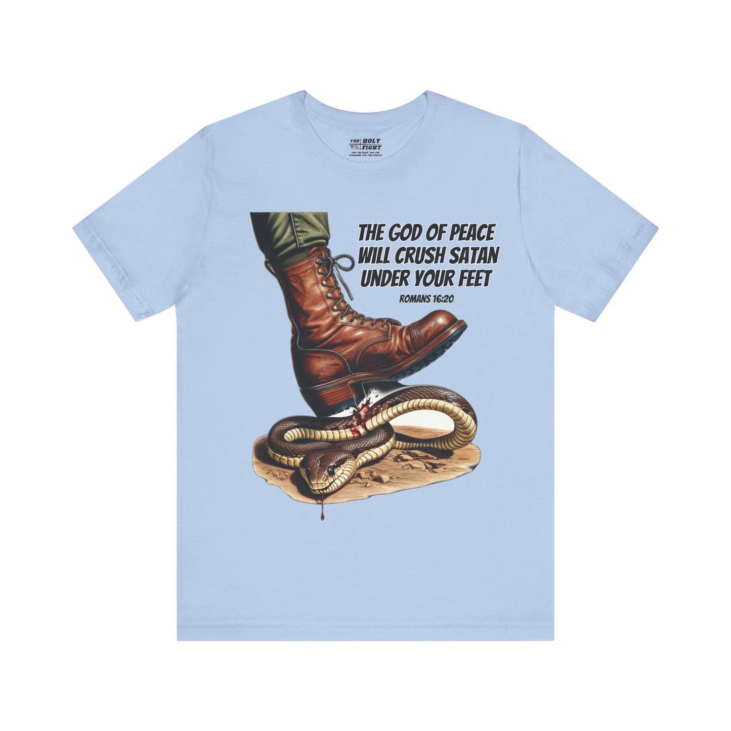 The Holy Fight "God Will Crush Satan" Christian Military Boot Tee – Powerful Faith Apparel
