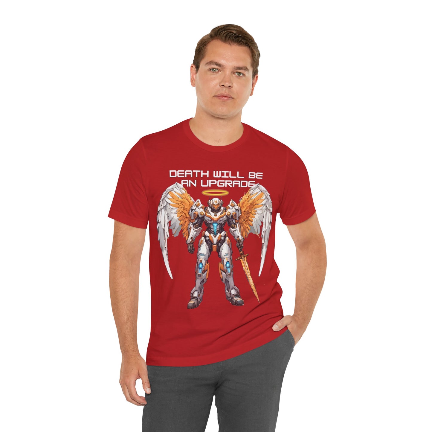 The Holy Fight "Death Will Be an Upgrade" Christian T-Shirt – Angel with Sword in Space Suit Design