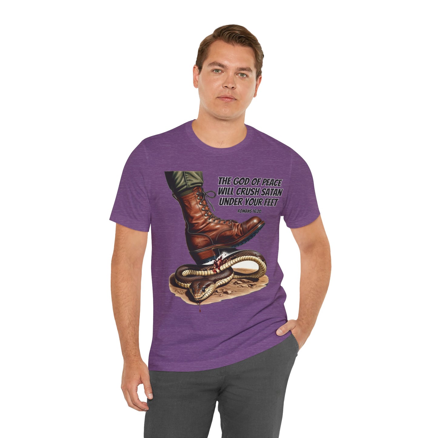 The Holy Fight "God Will Crush Satan" Christian Military Boot Tee – Powerful Faith Apparel