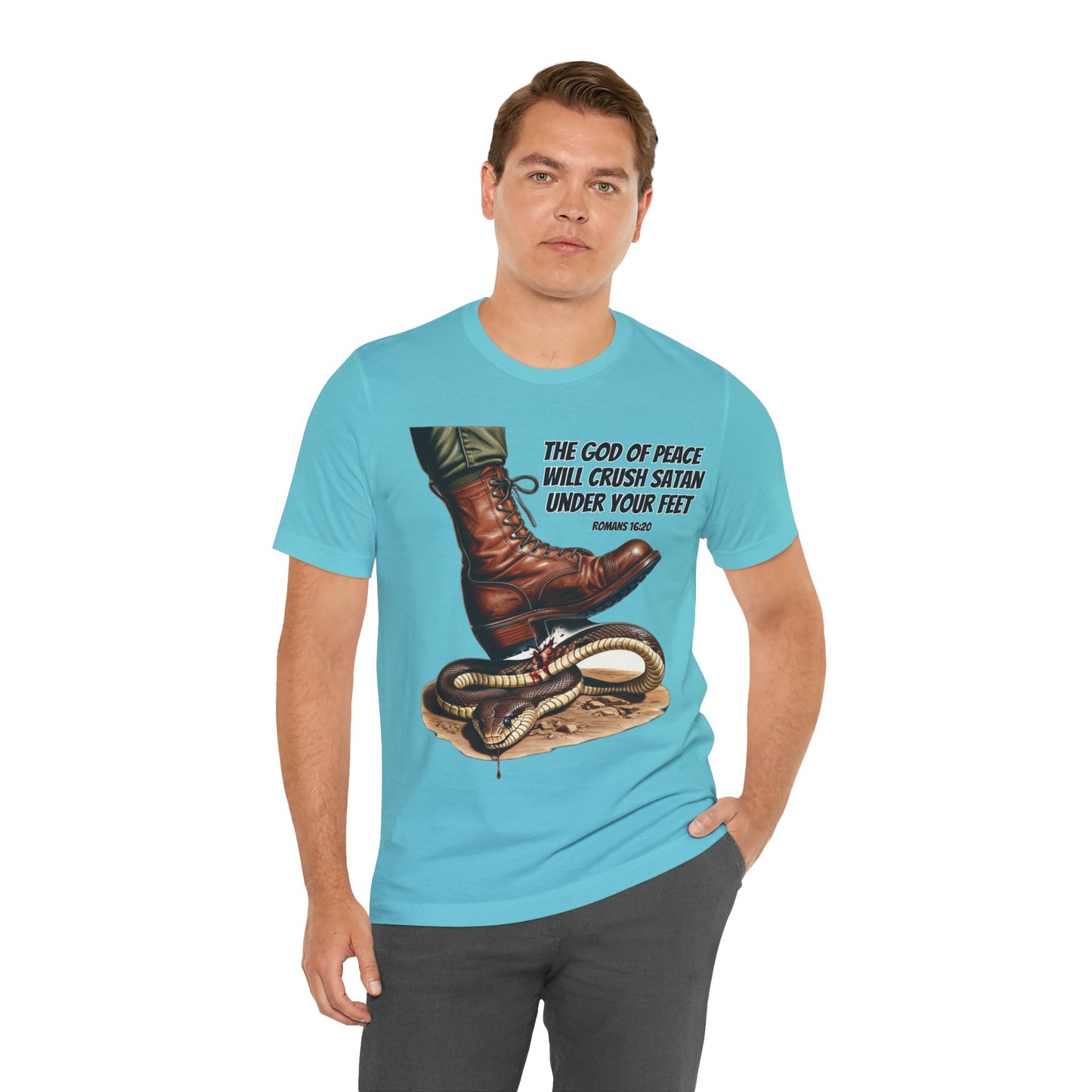 The Holy Fight "God Will Crush Satan" Christian Military Boot Tee – Powerful Faith Apparel