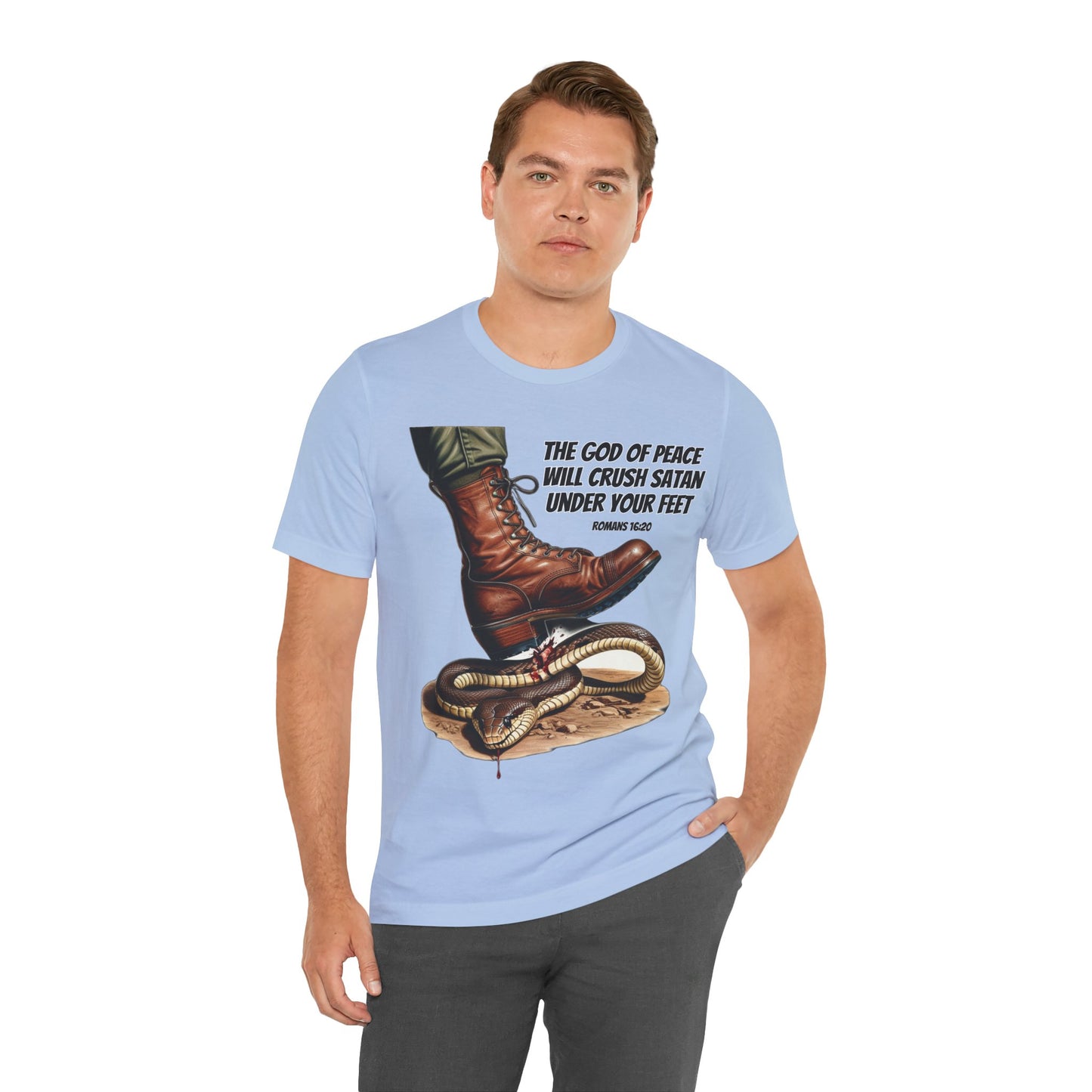 The Holy Fight "God Will Crush Satan" Christian Military Boot Tee – Powerful Faith Apparel