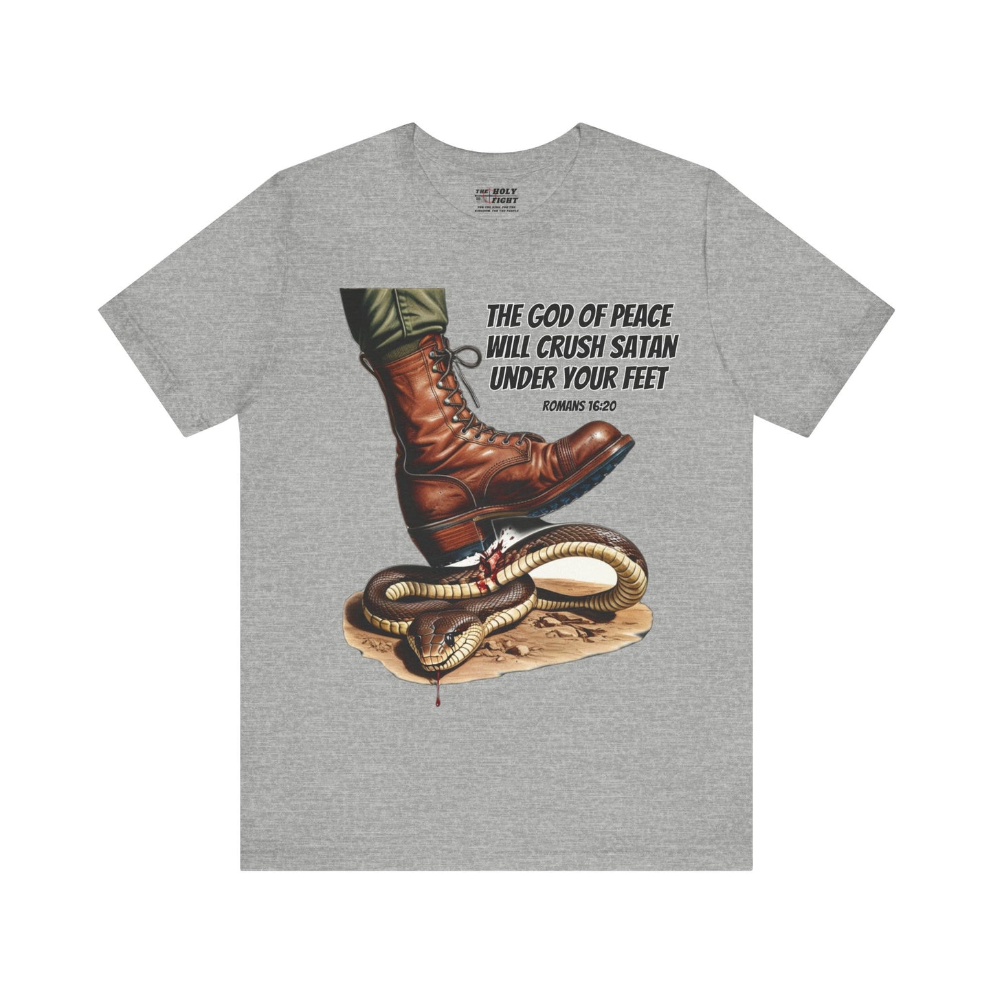 The Holy Fight "God Will Crush Satan" Christian Military Boot Tee – Powerful Faith Apparel