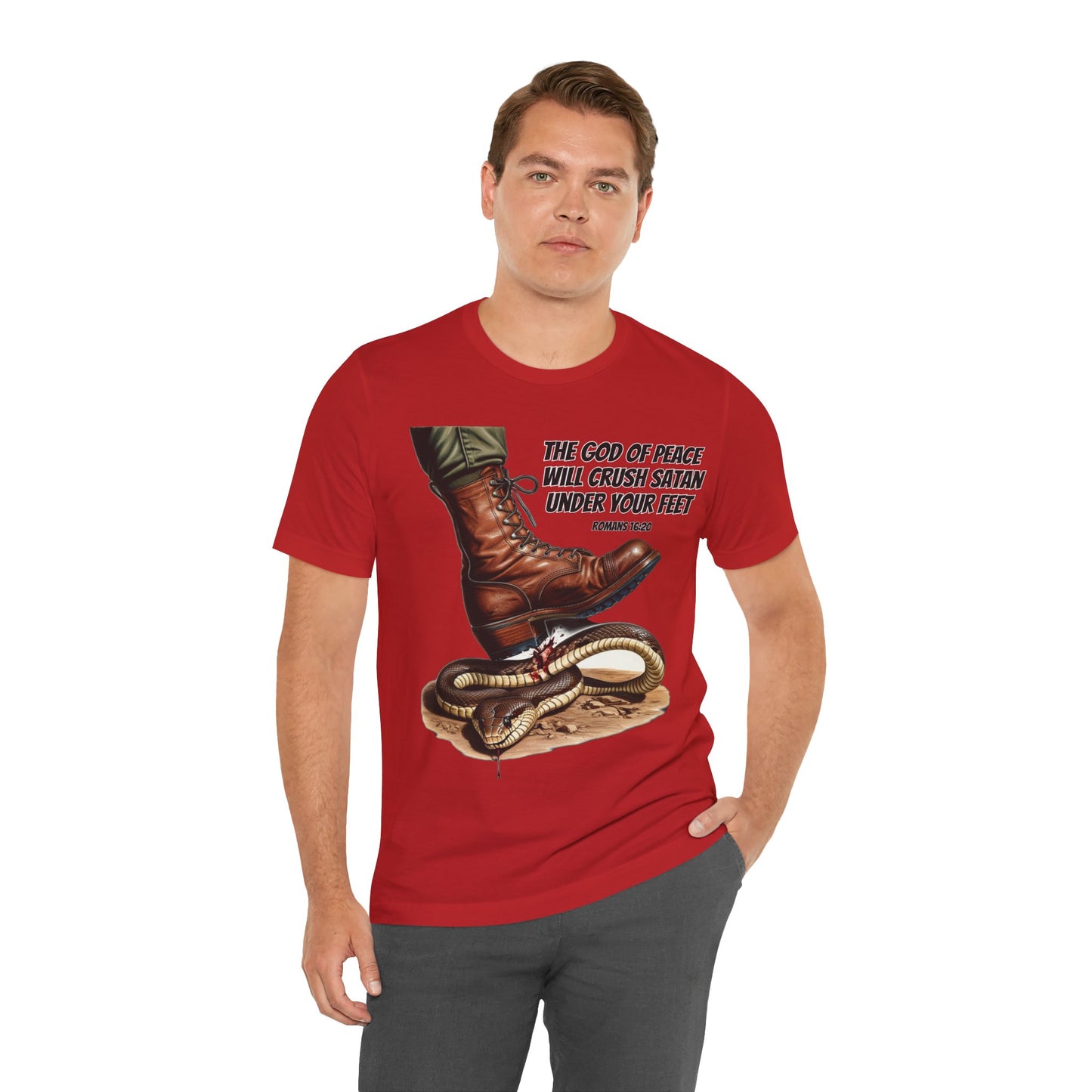 The Holy Fight "God Will Crush Satan" Christian Military Boot Tee – Powerful Faith Apparel