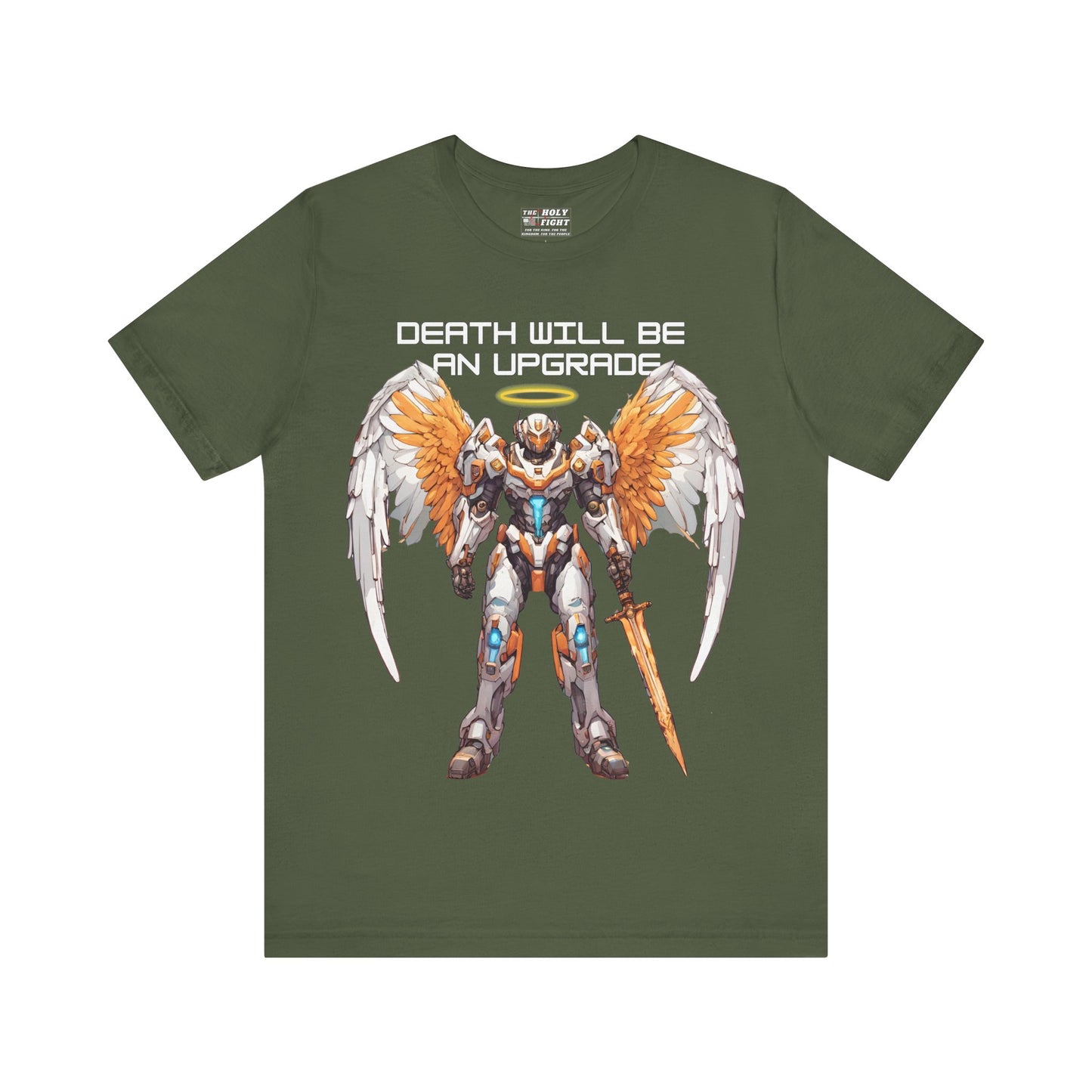 The Holy Fight "Death Will Be an Upgrade" Christian T-Shirt – Angel with Sword in Space Suit Design