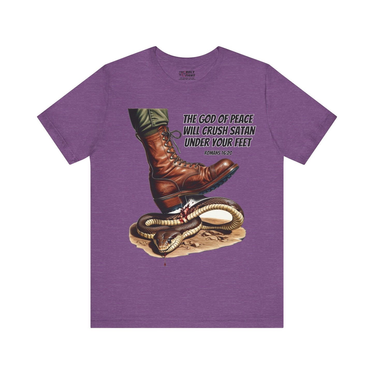 The Holy Fight "God Will Crush Satan" Christian Military Boot Tee – Powerful Faith Apparel