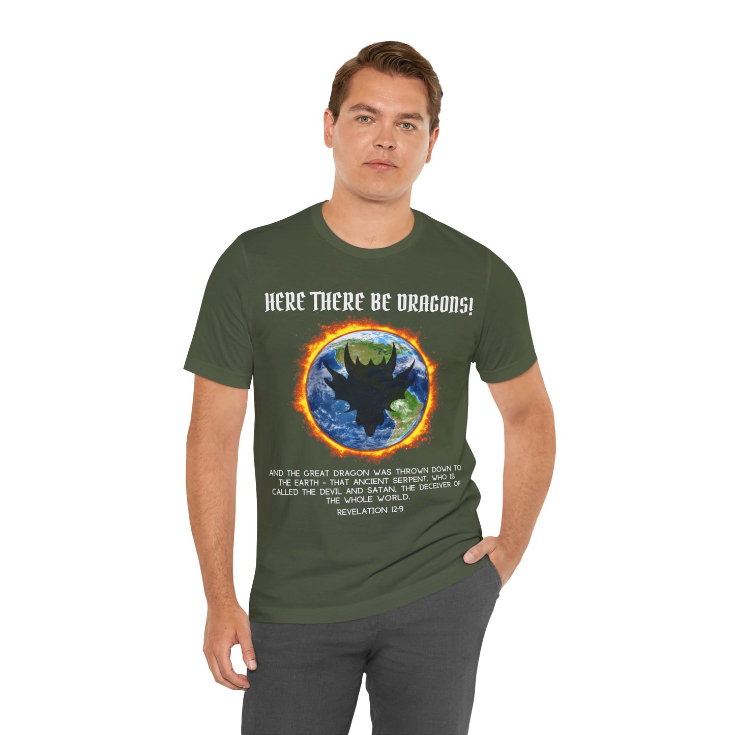 "Here There Be Dragons T-Shirt | Revelation 12:9 Christian Apparel by The Holy Fight"