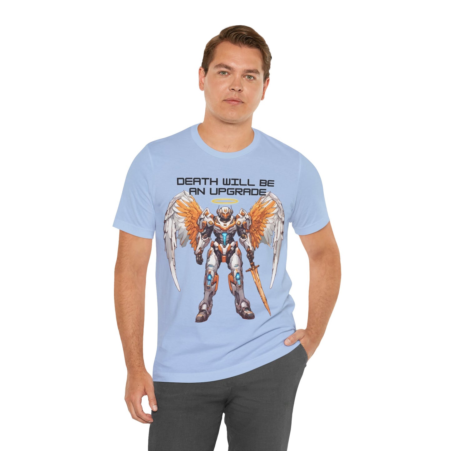 The Holy Fight "Death Will Be an Upgrade" Christian T-Shirt – Angel with Sword in Space Suit Design