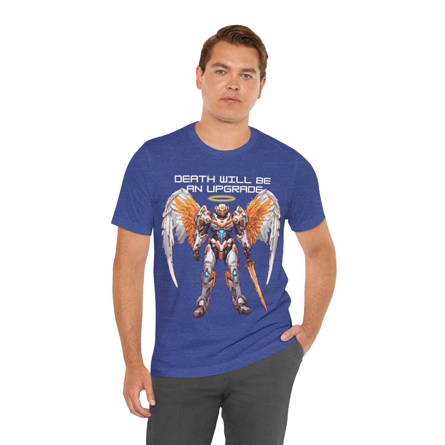 The Holy Fight "Death Will Be an Upgrade" Christian T-Shirt – Angel with Sword in Space Suit Design