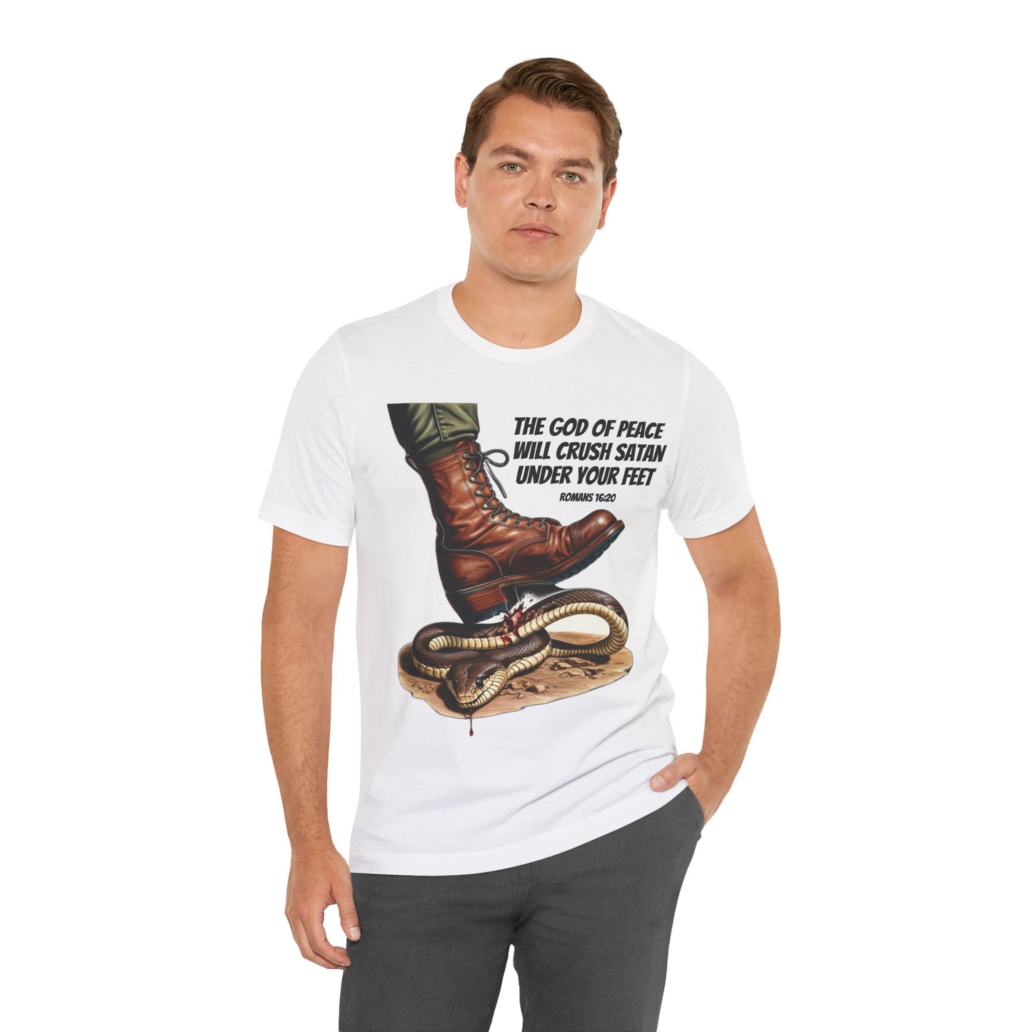The Holy Fight "God Will Crush Satan" Christian Military Boot Tee – Powerful Faith Apparel