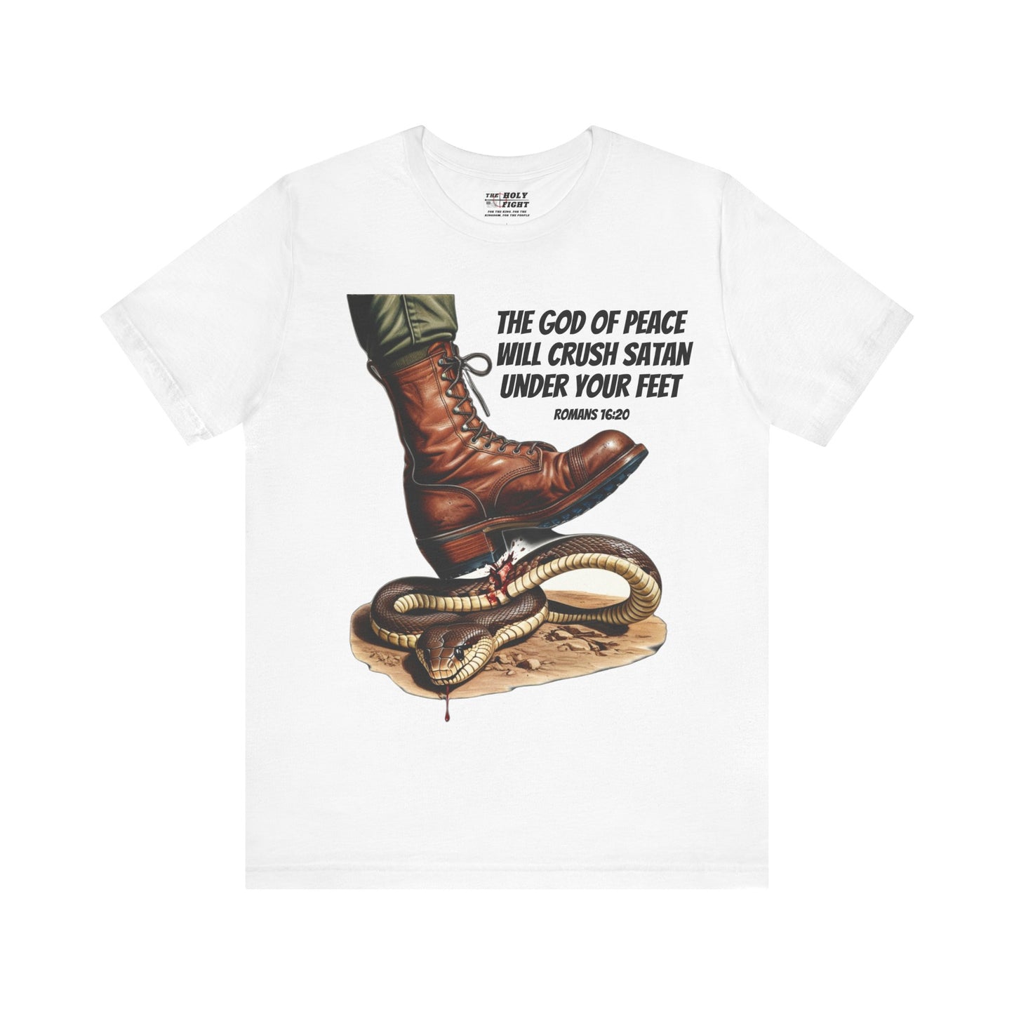 The Holy Fight "God Will Crush Satan" Christian Military Boot Tee – Powerful Faith Apparel