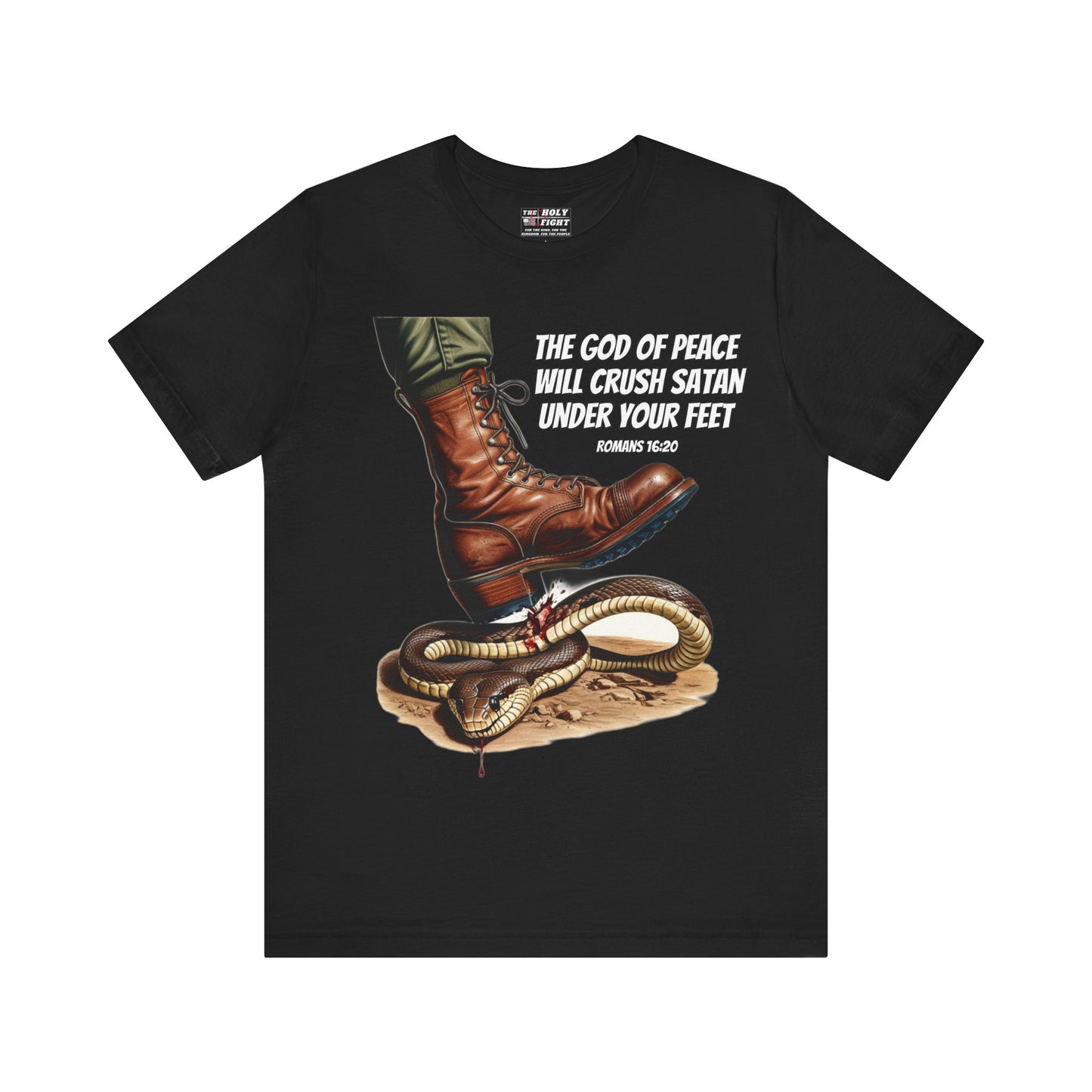 The Holy Fight "God Will Crush Satan" Christian Military Boot Tee – Powerful Faith Apparel