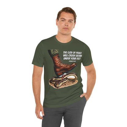 The Holy Fight "God Will Crush Satan" Christian Military Boot Tee – Powerful Faith Apparel