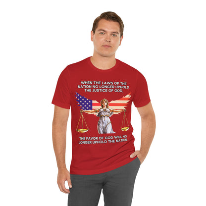 "Lady Justice and God’s Favor T-Shirt | Christian Patriotism Apparel by The Holy Fight"