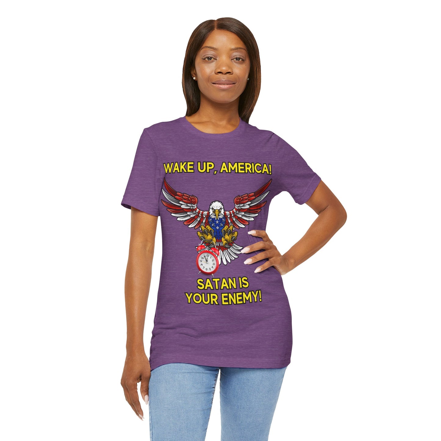 The Holy Fight "Wake Up America, Satan is Your Enemy" Patriotic Christian T-Shirt – Bold Call to Spiritual Vigilance