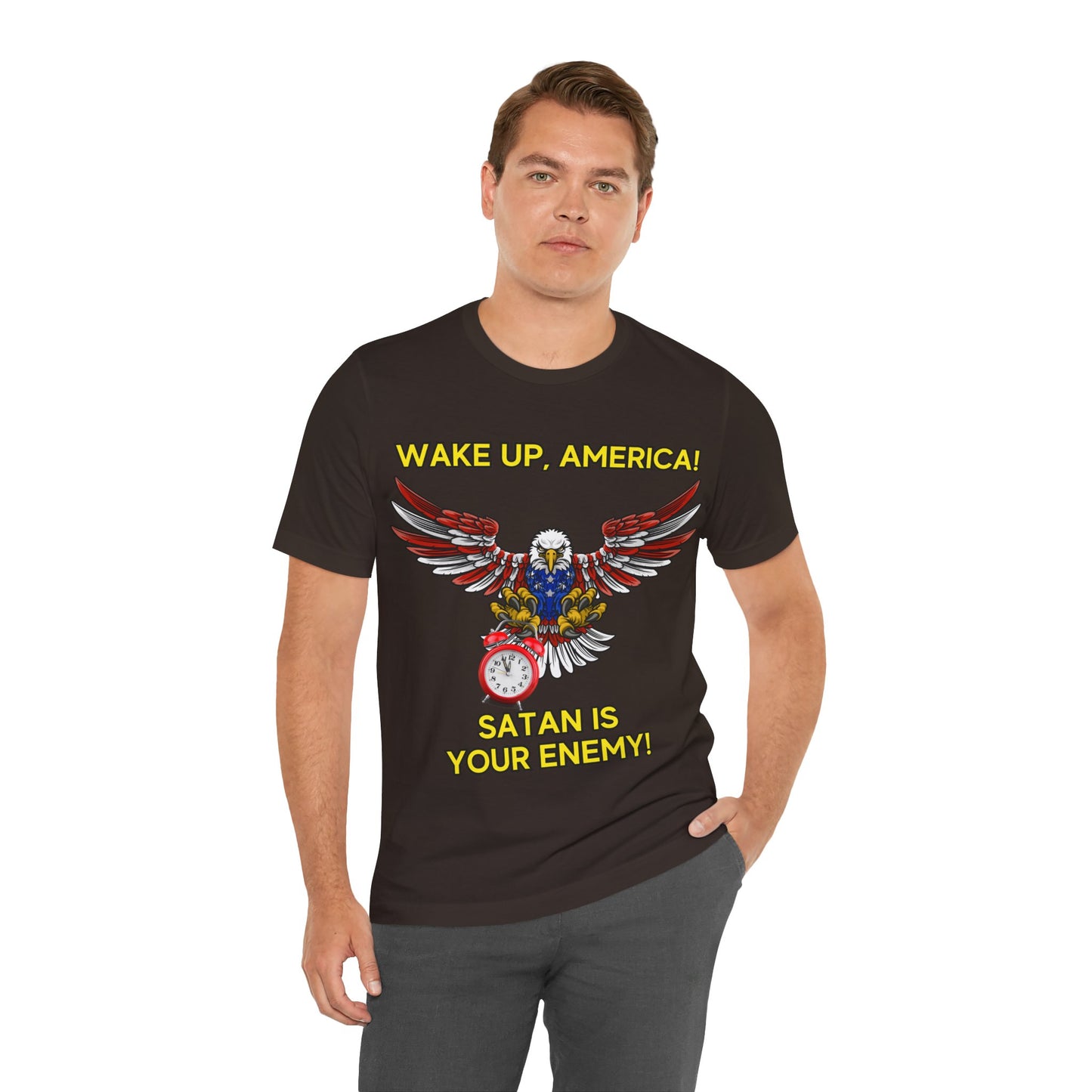 The Holy Fight "Wake Up America, Satan is Your Enemy" Patriotic Christian T-Shirt – Bold Call to Spiritual Vigilance