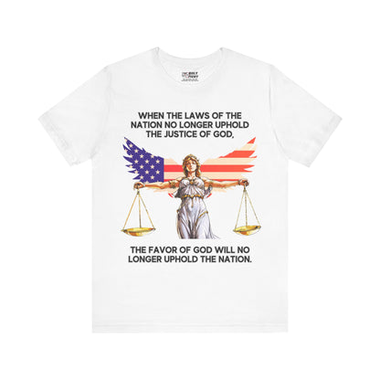 "Lady Justice and God’s Favor T-Shirt | Christian Patriotism Apparel by The Holy Fight"