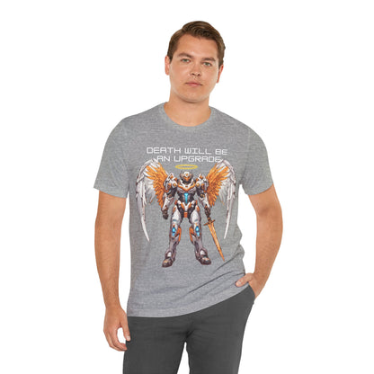 The Holy Fight "Death Will Be an Upgrade" Christian T-Shirt – Angel with Sword in Space Suit Design