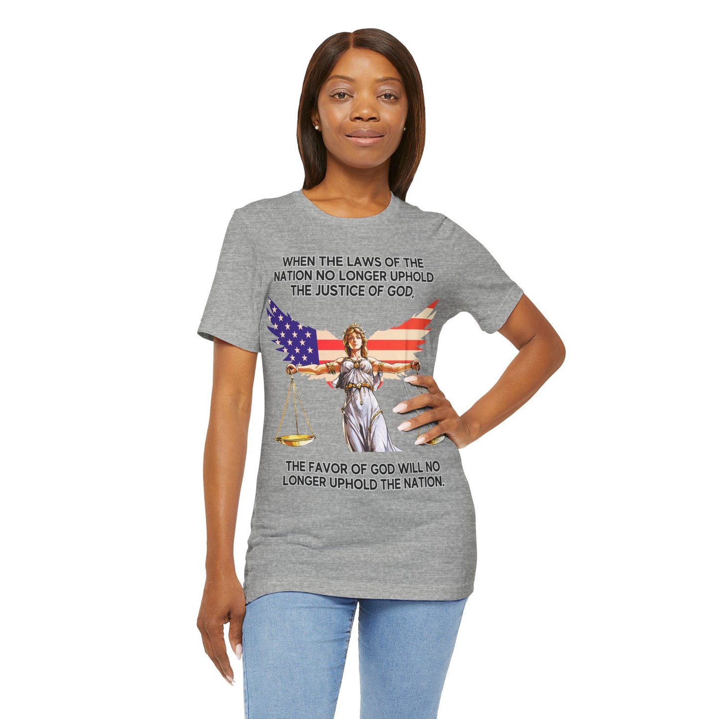 "Lady Justice and God’s Favor T-Shirt | Christian Patriotism Apparel by The Holy Fight"