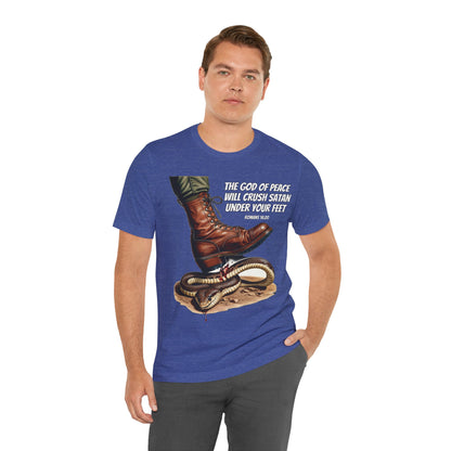 The Holy Fight "God Will Crush Satan" Christian Military Boot Tee – Powerful Faith Apparel