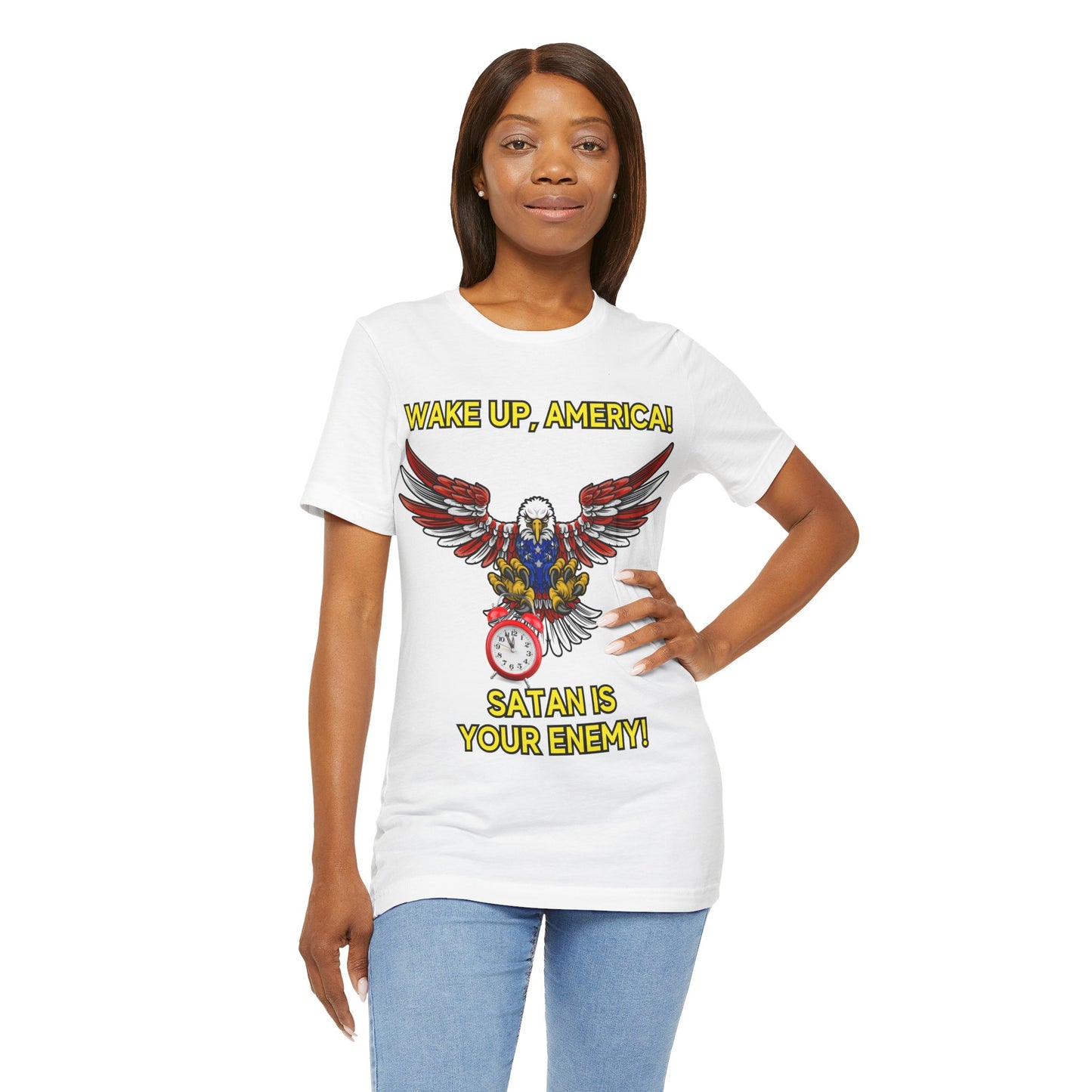 The Holy Fight "Wake Up America, Satan is Your Enemy" Patriotic Christian T-Shirt – Bold Call to Spiritual Vigilance