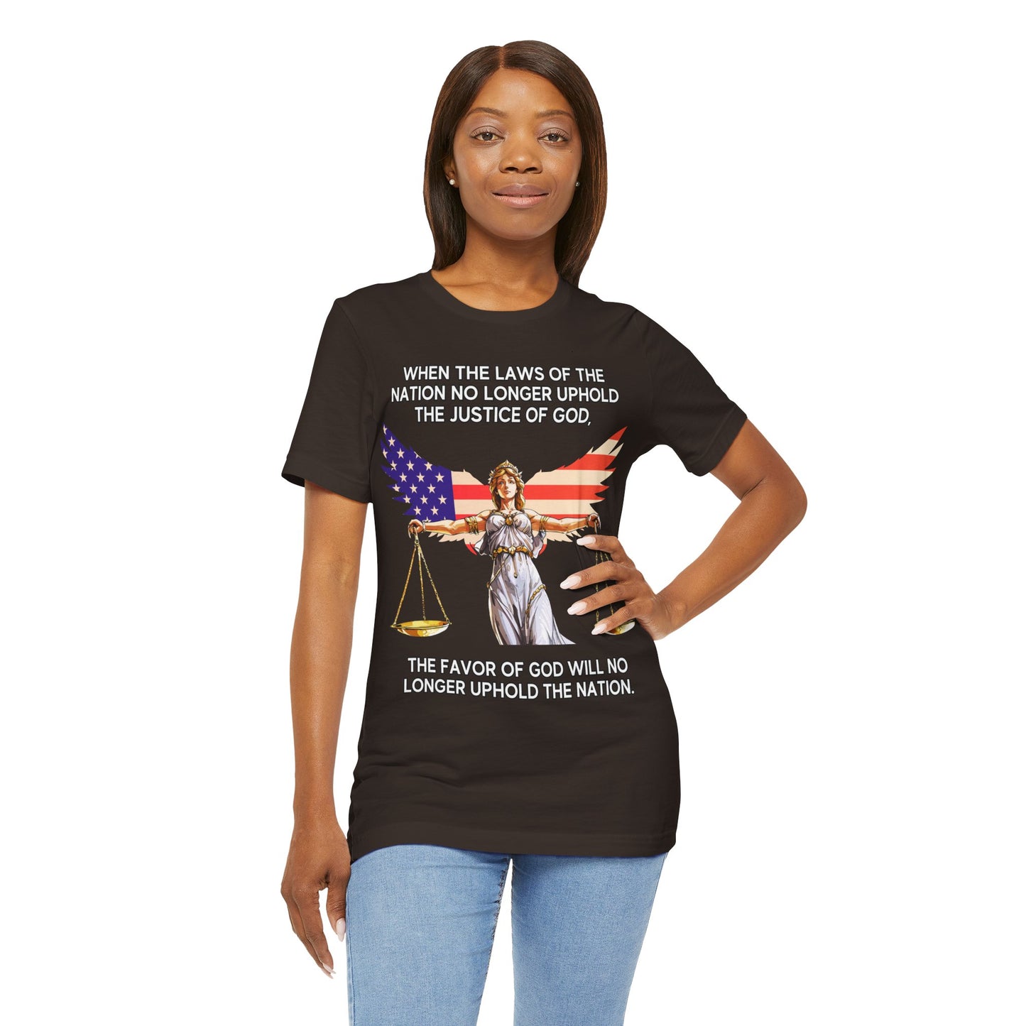 "Lady Justice and God’s Favor T-Shirt | Christian Patriotism Apparel by The Holy Fight"