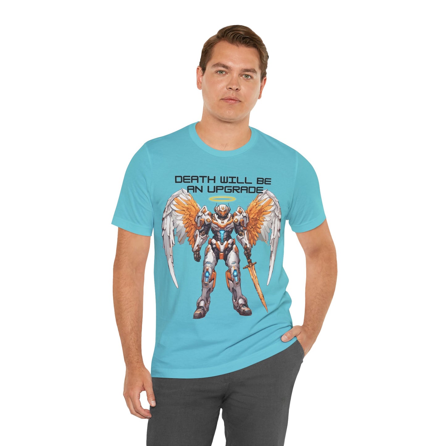 The Holy Fight "Death Will Be an Upgrade" Christian T-Shirt – Angel with Sword in Space Suit Design