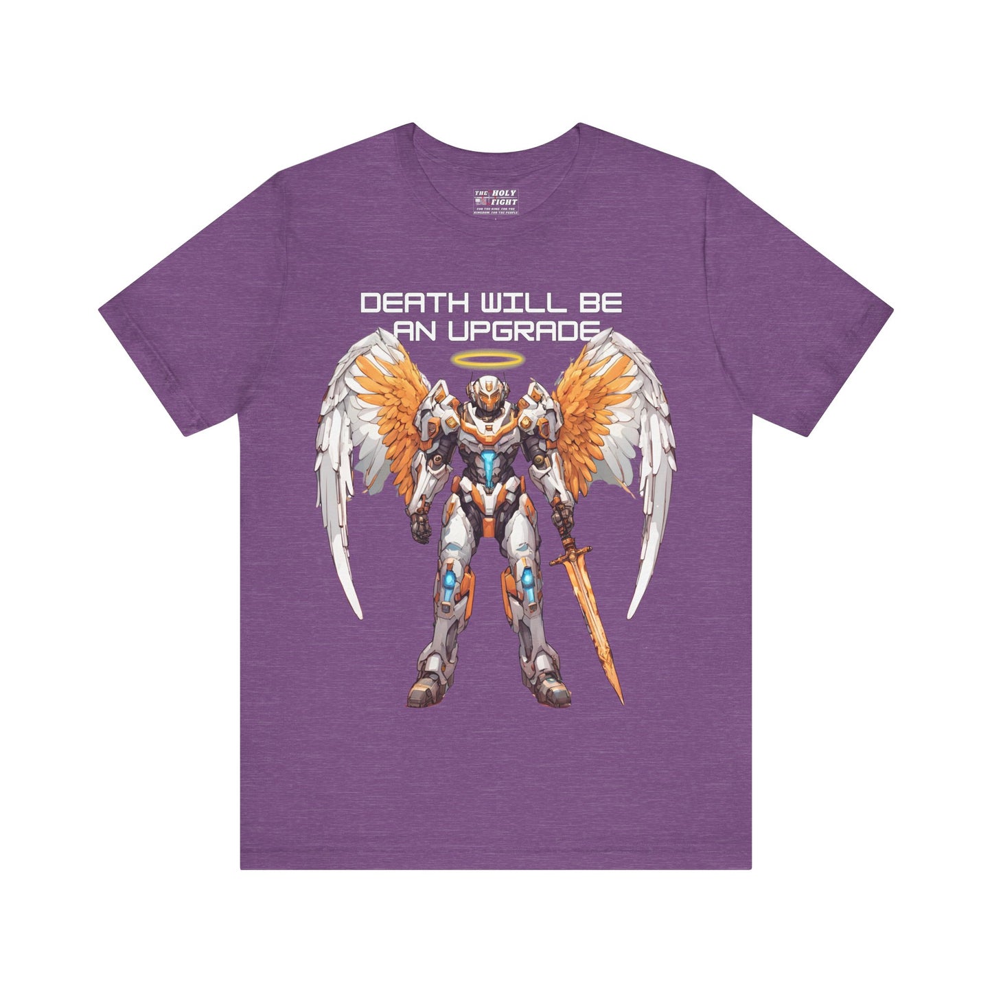 The Holy Fight "Death Will Be an Upgrade" Christian T-Shirt – Angel with Sword in Space Suit Design