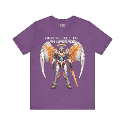 The Holy Fight "Death Will Be an Upgrade" Christian T-Shirt – Angel with Sword in Space Suit Design