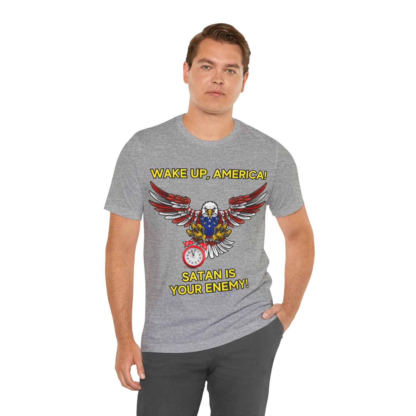 The Holy Fight "Wake Up America, Satan is Your Enemy" Patriotic Christian T-Shirt – Bold Call to Spiritual Vigilance