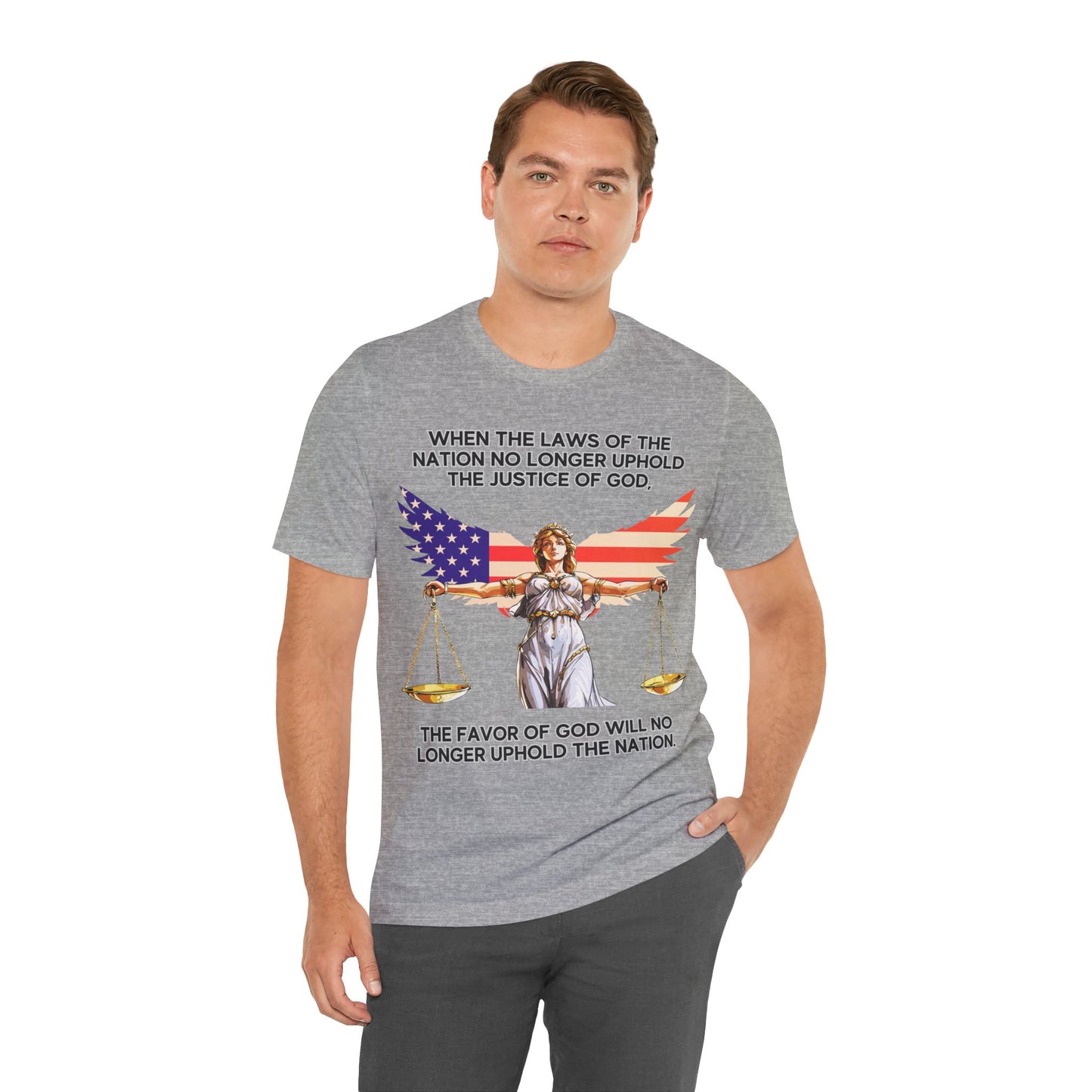 "Lady Justice and God’s Favor T-Shirt | Christian Patriotism Apparel by The Holy Fight"