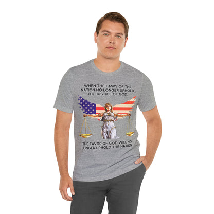 "Lady Justice and God’s Favor T-Shirt | Christian Patriotism Apparel by The Holy Fight"