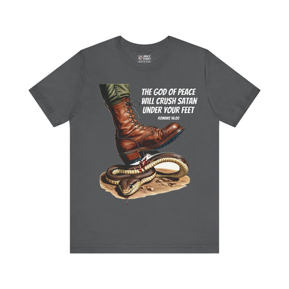 The Holy Fight "God Will Crush Satan" Christian Military Boot Tee – Powerful Faith Apparel