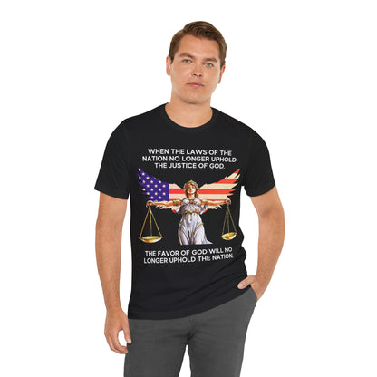 "Lady Justice and God’s Favor T-Shirt | Christian Patriotism Apparel by The Holy Fight"