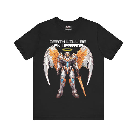 The Holy Fight "Death Will Be an Upgrade" Christian T-Shirt – Angel with Sword in Space Suit Design