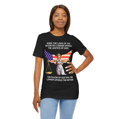 "Lady Justice and God’s Favor T-Shirt | Christian Patriotism Apparel by The Holy Fight"