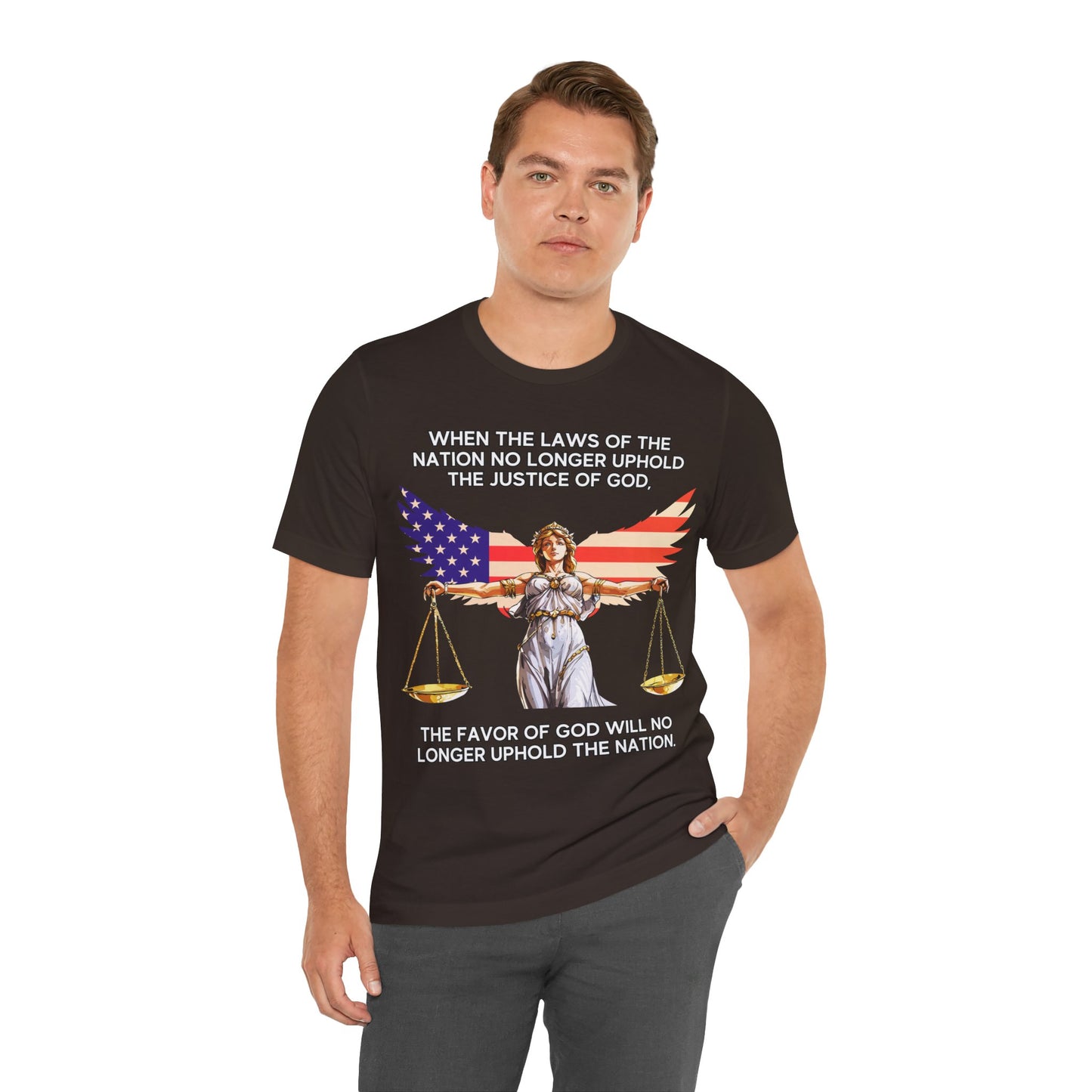 "Lady Justice and God’s Favor T-Shirt | Christian Patriotism Apparel by The Holy Fight"