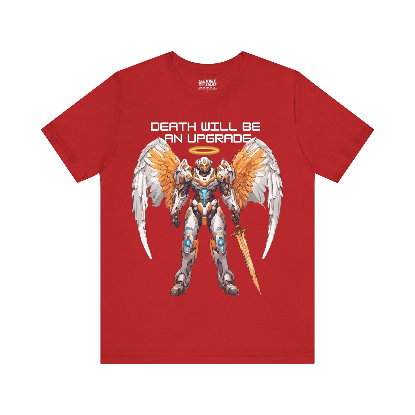 The Holy Fight "Death Will Be an Upgrade" Christian T-Shirt – Angel with Sword in Space Suit Design