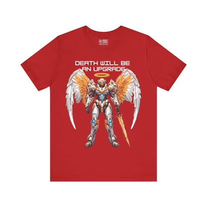 The Holy Fight "Death Will Be an Upgrade" Christian T-Shirt – Angel with Sword in Space Suit Design